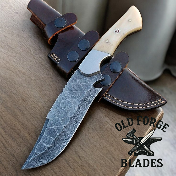 Handcrafted Damascus knife with 11-inch blade and bone handle