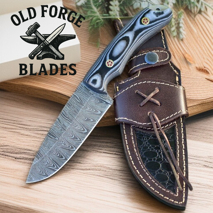 Handmade Damascus hunting knife with Micarta handle and leather sheath