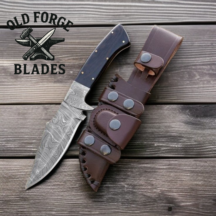 Hand forged knife damascus hunting knife with black Micarta handle and leather sheath