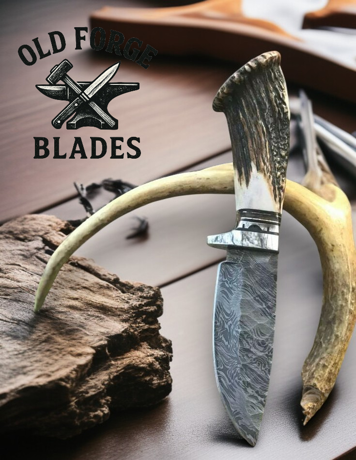 Handmade true Damascus steel hunting knife with stag crown handle