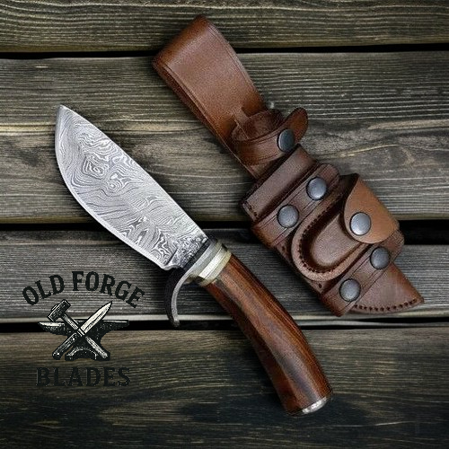 Handmade Damascus steel hunting knife made in USA with exotic rosewood handle and leather sheath