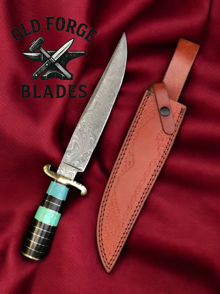 Damascus steel bowie knife with turquoise handle and leather sheath