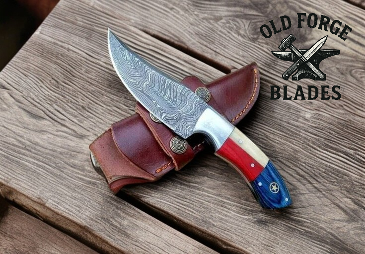 Handmade Damascus steel hunting knife with Texas flag wood-bone handle and leather sheath