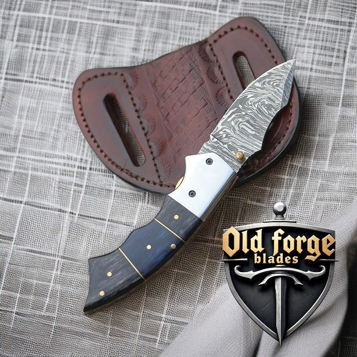 Custom handmade Damascus pocket knife with pakka wood handle and leather case