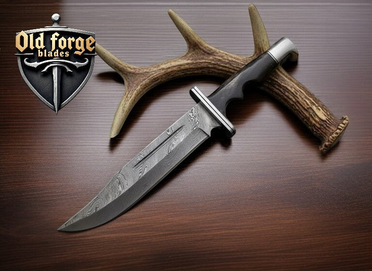 Handmade Damascus Bowie knife with bull horn handle