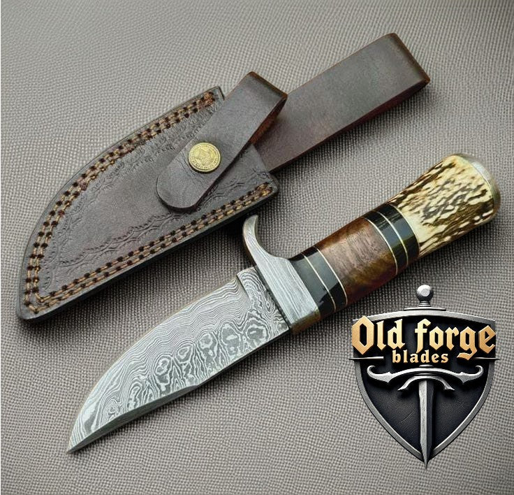 Custom handmade demascus steel knife with stag antler and rose wood handle
