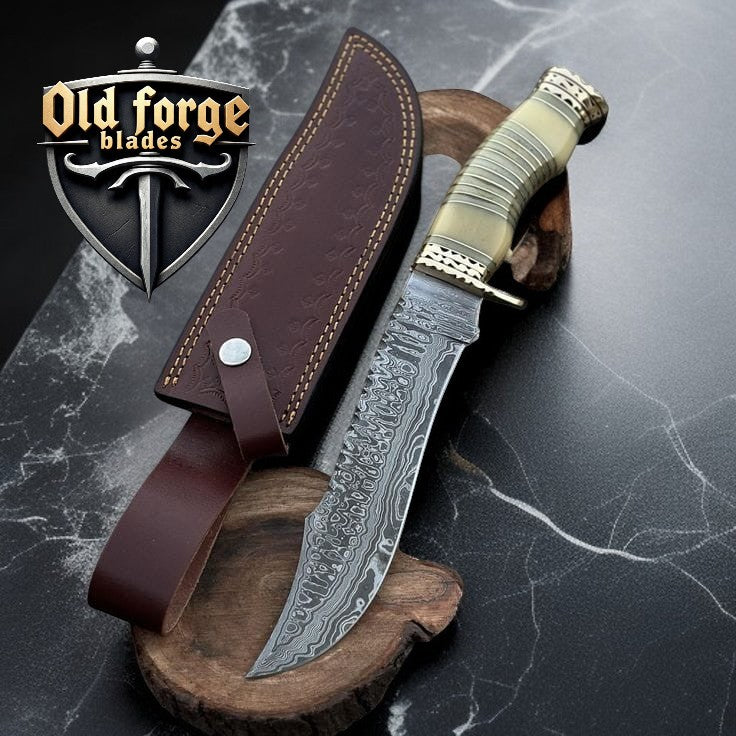 Handmade Damascus bowie knife with camel bone handle and leather sheath