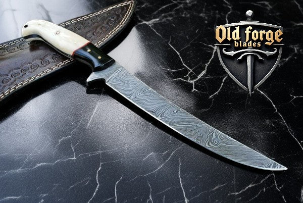 Premium damascus fish fillet knife with bone handle and leather sheath