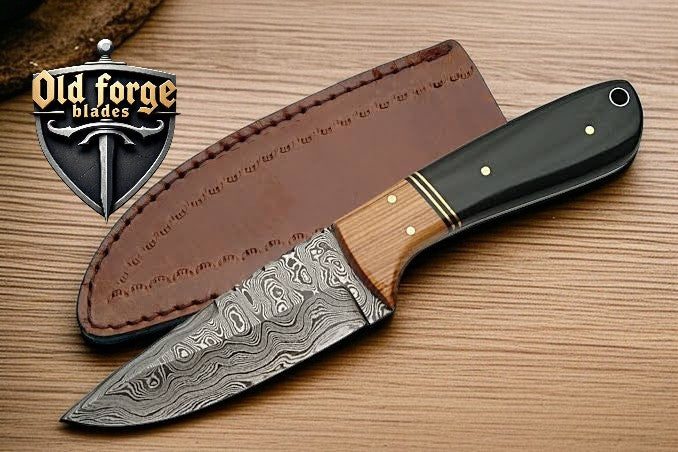 Handmade deer knife with Damascus steel blade and olive wood handle