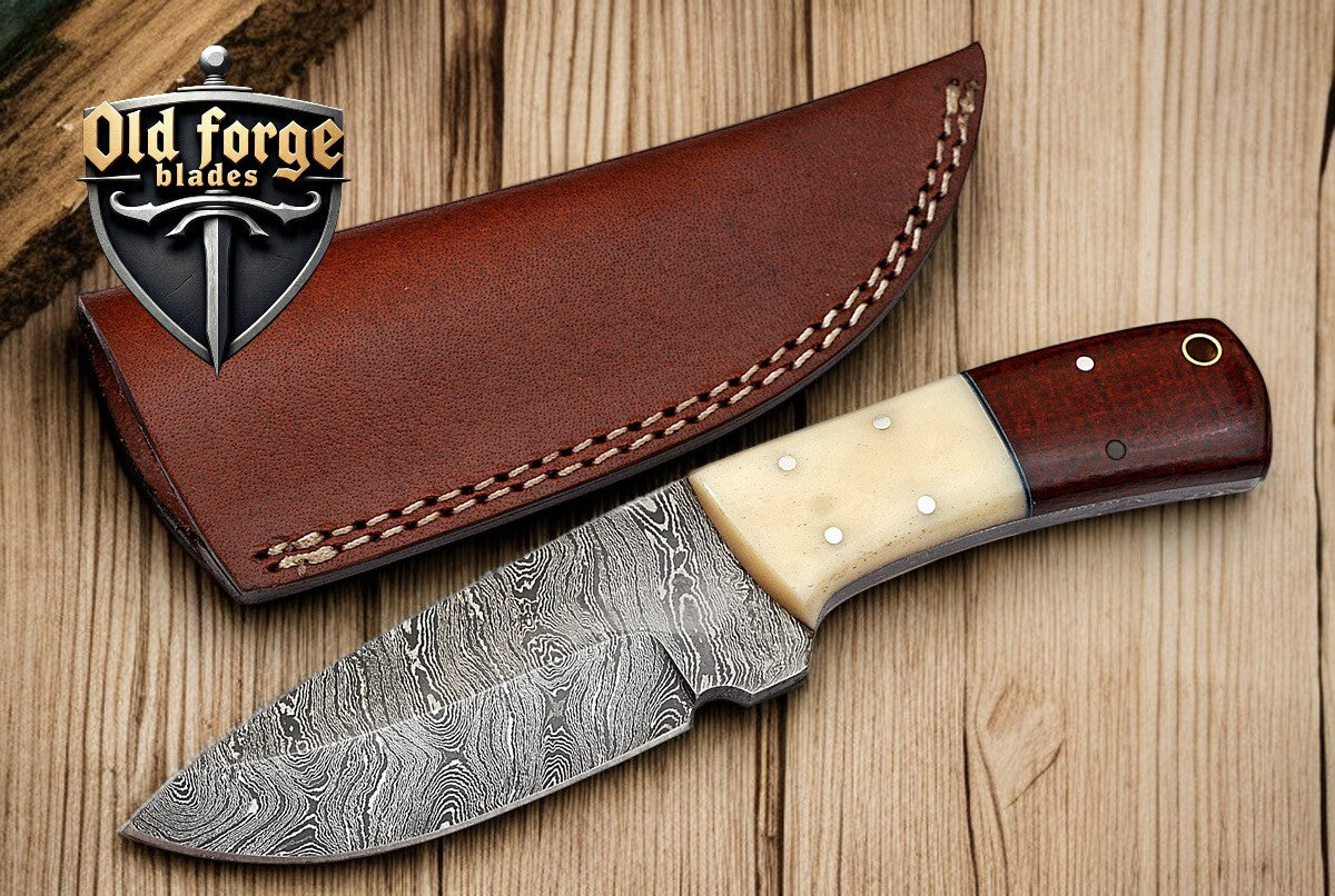 Custom full tang Damascus hunting knife with camel bone and micarta handle