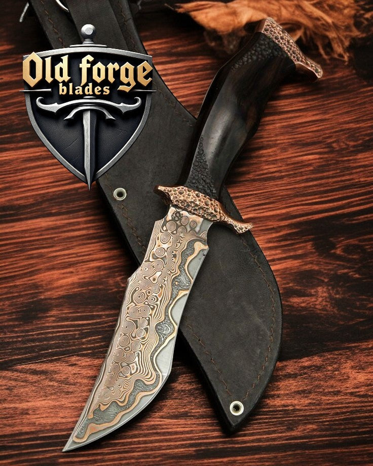 Handmade Damascus steel hunting Bowie knife with hardwood handle