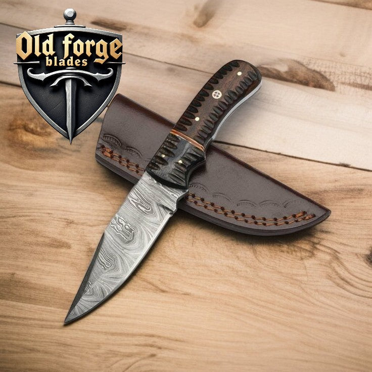 Handmade damascus hunting knife with dark wood zigzag handle