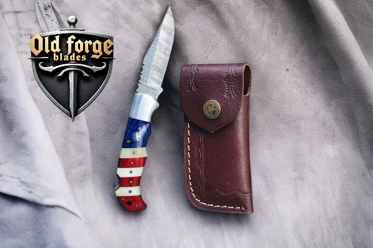Premium Damascus steel pocket knife with US Flag wood and bone handle