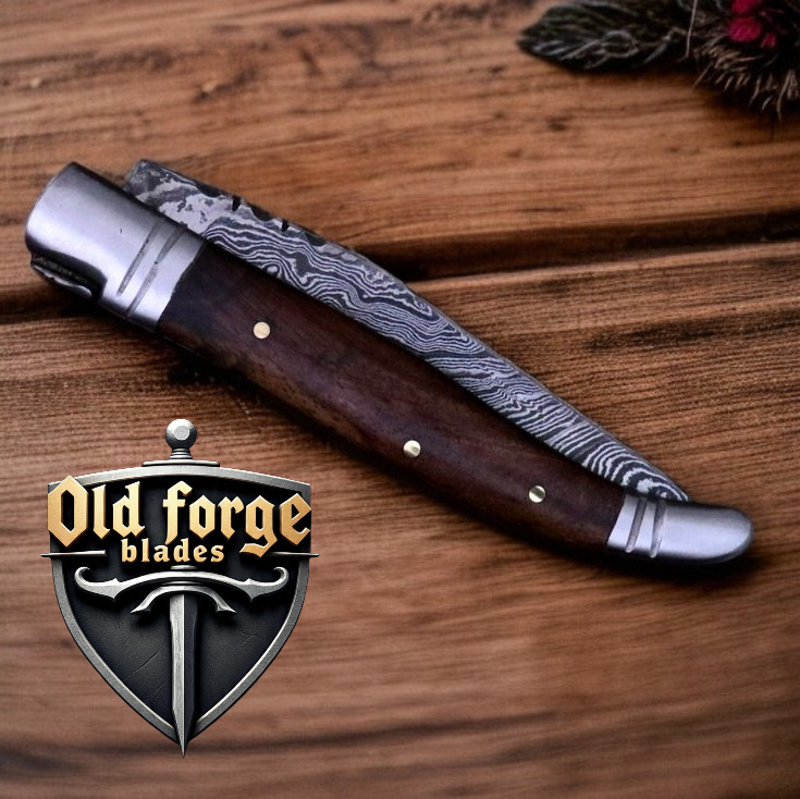 Premium Damascus steel pocket knife with olive wood handle