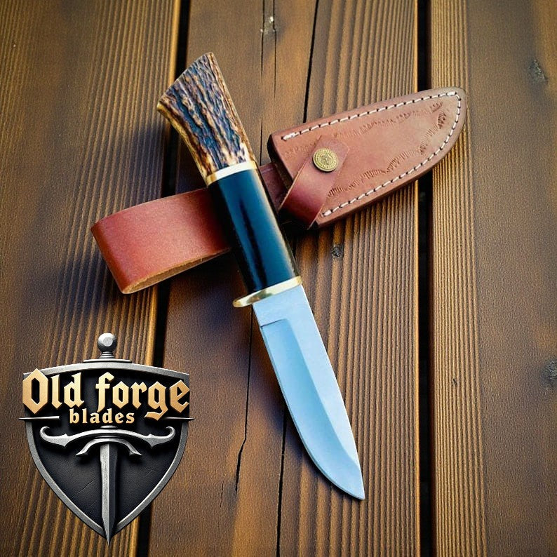 Damascus deer hunting knife with deer antler and black Micarta handle