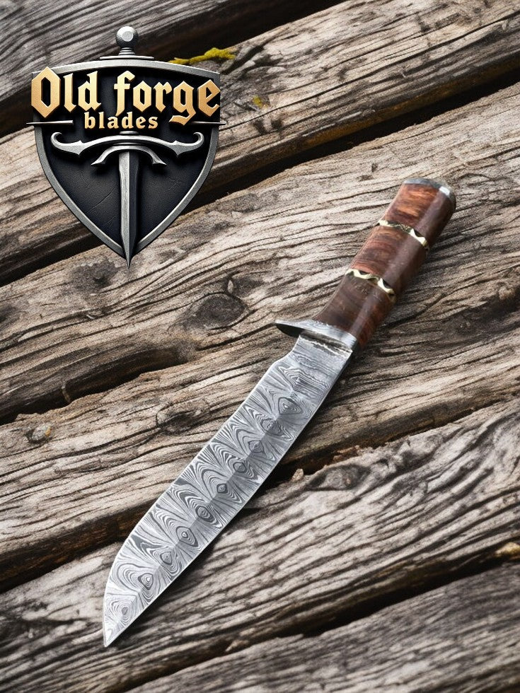 Damascus Bowie hunting knife made in USA with rosewood handle