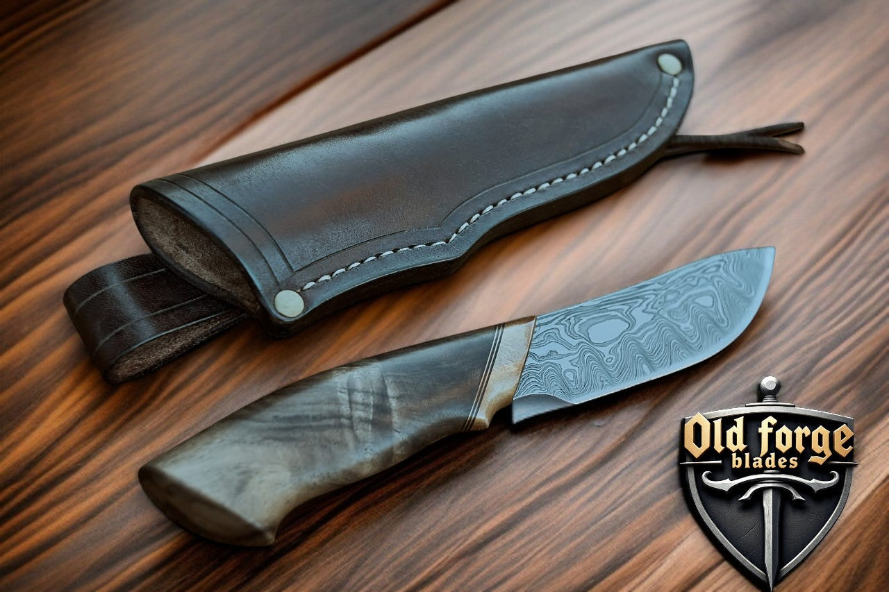 High quality hunting knife with Damascus steel blade and walnut handle