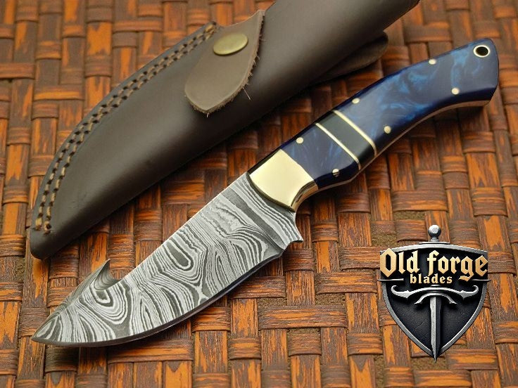 Custom Handmade Damascus Steel Hunting Knife with Gut Hook and Resin Handle