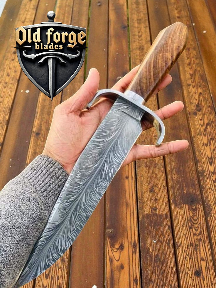 Custom handmade Damascus Bowie hunting knife with rosewood handle