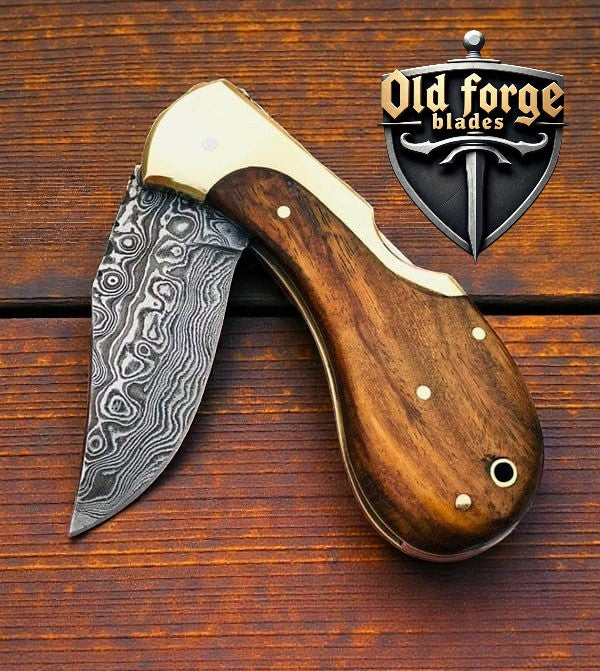 knife small pocket damascus steel blade with brass bolster and sheath