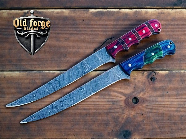 Custom handmade Damascus fillet knife with leather sheath and exotic wood handle