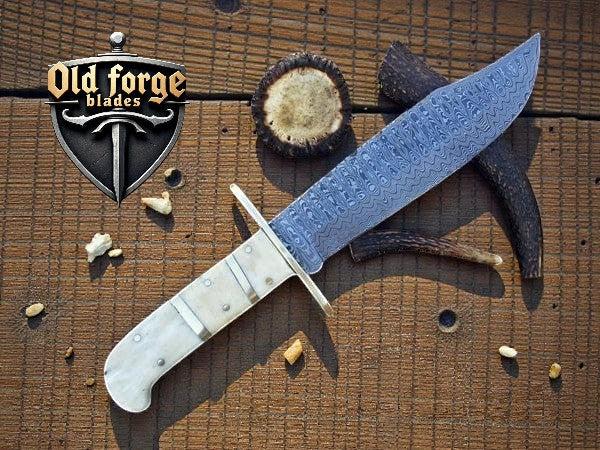Handmade Damascus Bowie hunting knife with bone handle and leather sheath