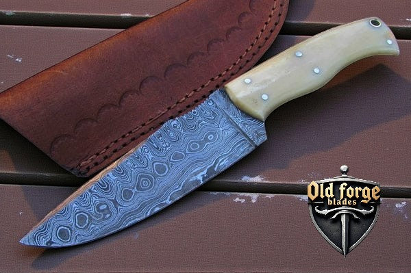 Custom handmade Damascus hunting knife with bone handle and leather sheath