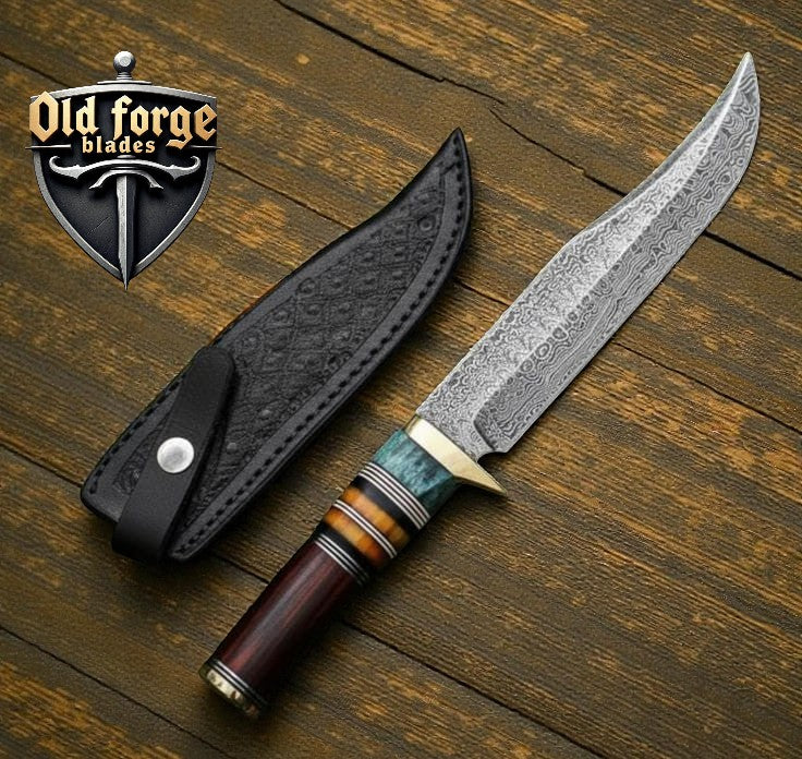 Handmade Damascus Dragon hunting knife with leather sheath