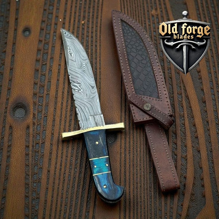 Handmade Damascus outdoor knife set with wood handle and leather sheath