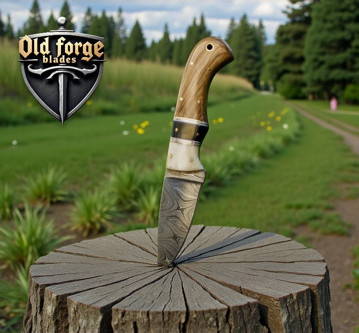 Custom handmade Damascus steel skinner knife with olive wood and bone handle