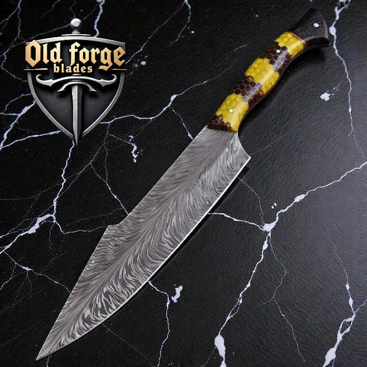 Handmade 8 inch Damascus chef knife with yellow brown honeycomb resin handle