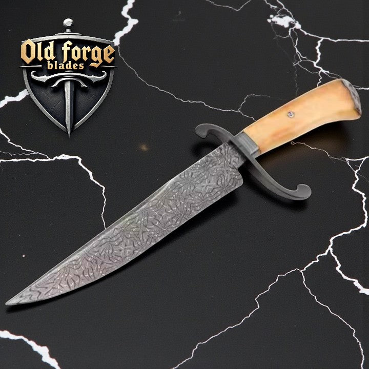 Custom Handmade Bowie Knife – Damascus Steel Blade with Space Kitty, Metallic Tusk & Tooth Handle, 13.5” with Leather Sheath