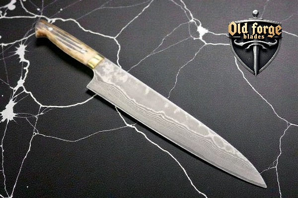 Handmade damascus chef knife with 8 inch blade and stag bone handle