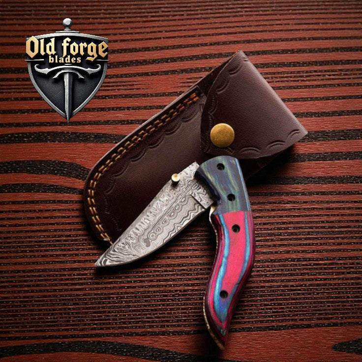 handmade everyday carry pocket knife with damascus steel blade and exotic wood handle