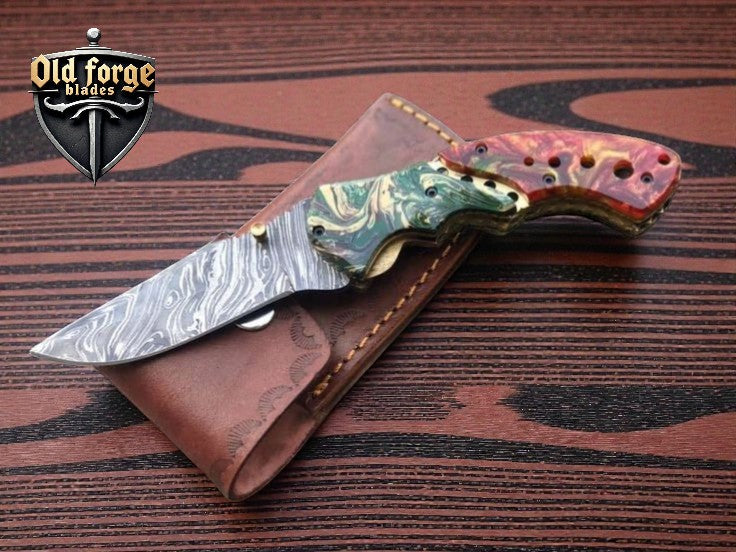 hunting pocket knife with damascus steel blade and epoxy resin handle