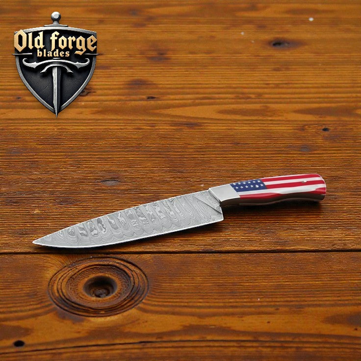 Premium personalized chef knife featuring Damascus steel blade and American flag handle