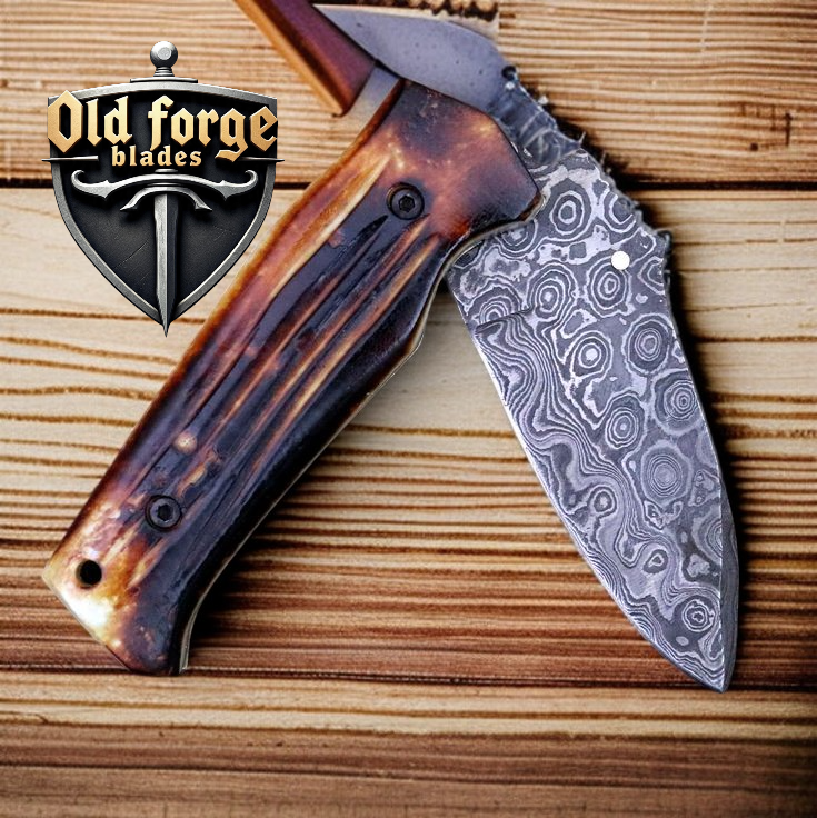 Handmade 3 inch Damascus folding knife with camel bone handle and leather case