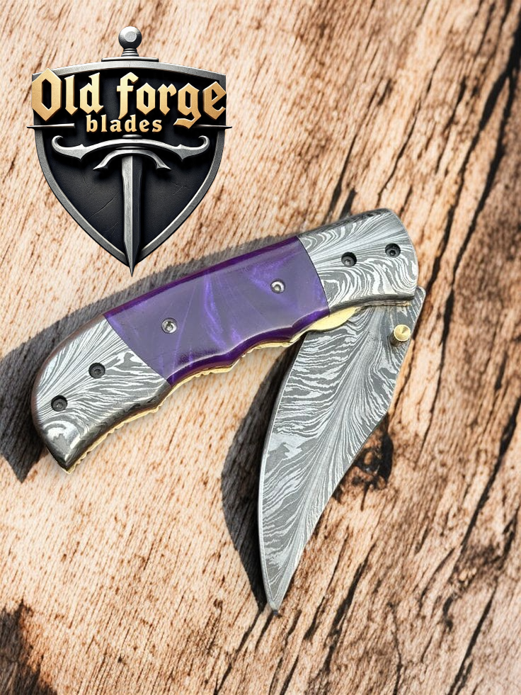 Damascus Pocket Premium Knife – Custom Handmade 3” Feather Pattern Folding Blade