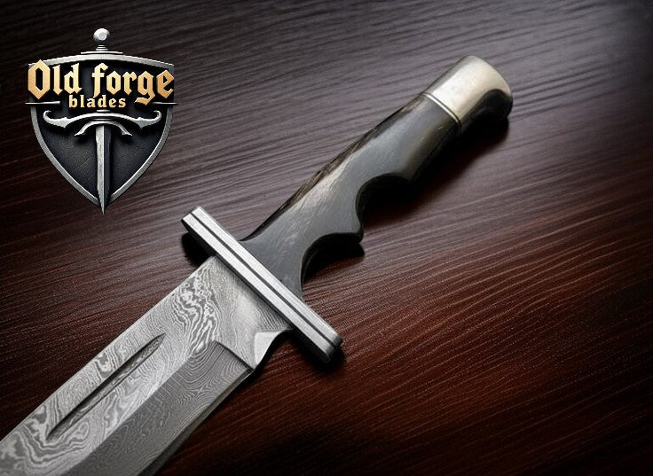 Bull horn handle handmade Damascus hunting knife