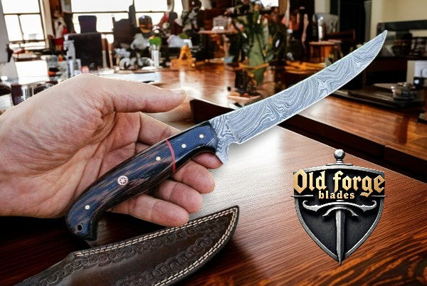 damascus fillet knife with leather sheath