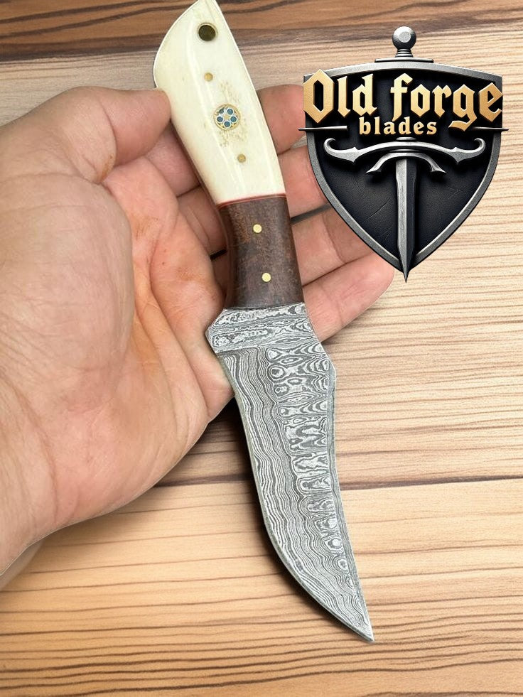 Damascus skinning knife with resin wood handle and brass guard