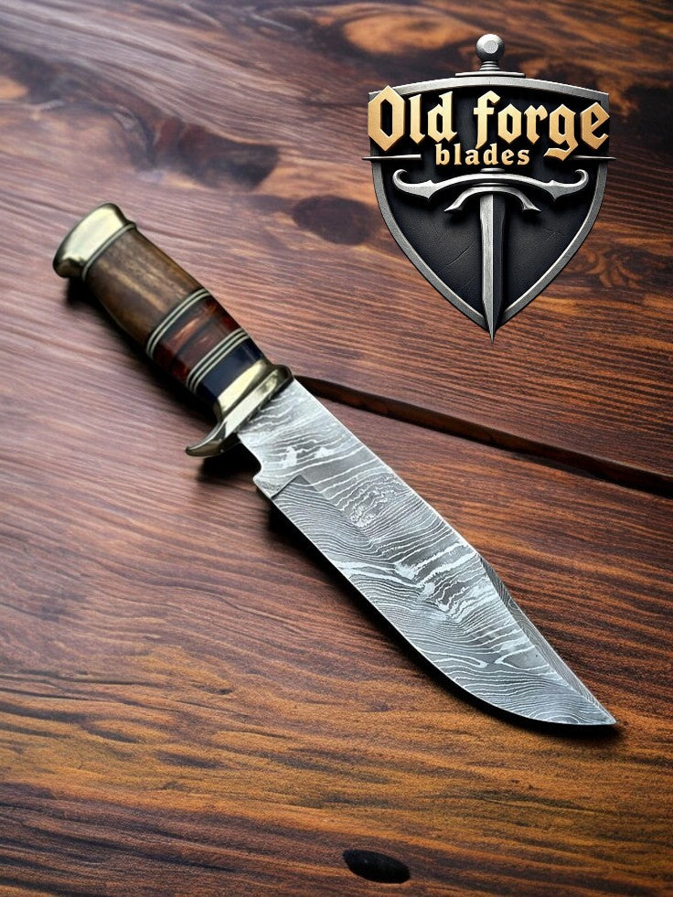 Handmade Damascus steel Bowie knife with exotic wood resin handle and brass guard