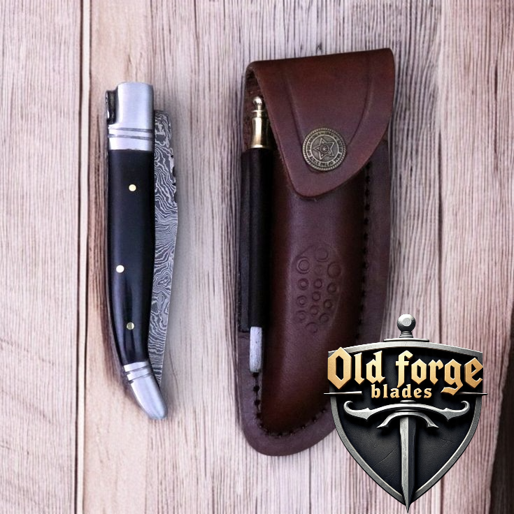 Liner lock Damascus knife with free leather sheath