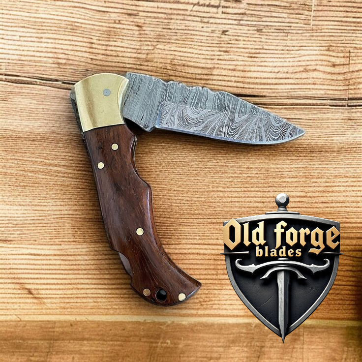 High End Damascus Steel Pocket Knife – Walnut Handle Liner Lock