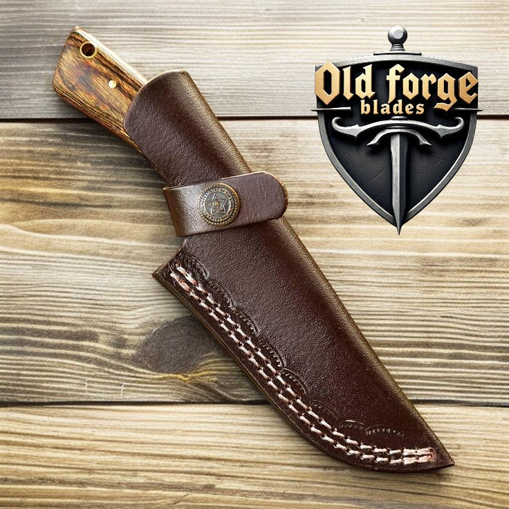 Compact hunting knife showing blade pattern and wood handle