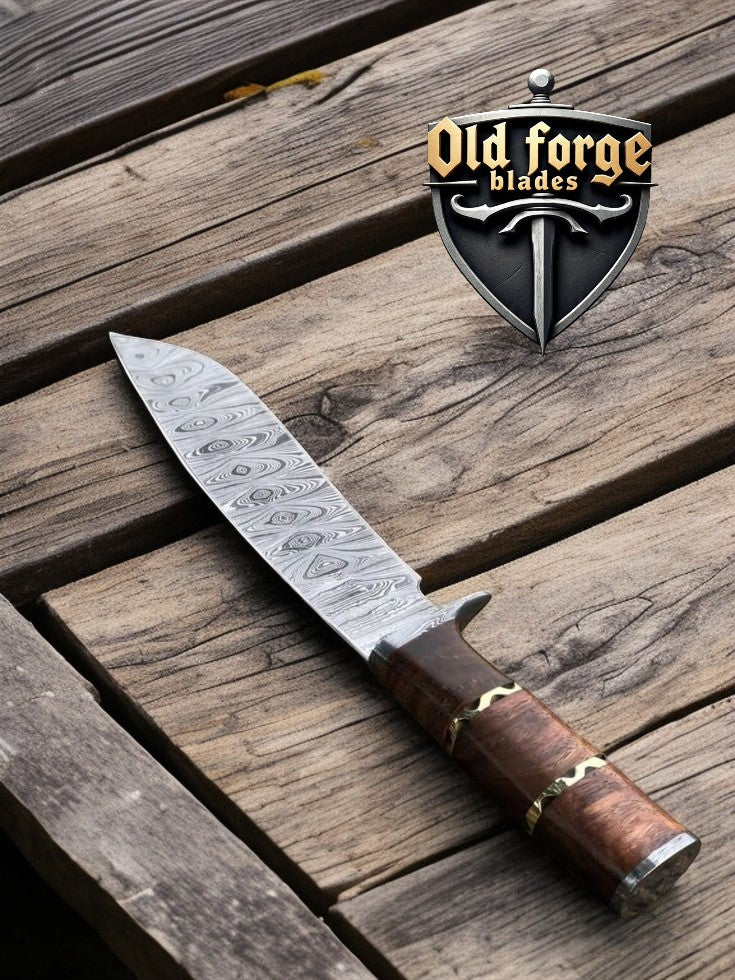 Close-up of rosewood handle and brass spacers on Bowie knife