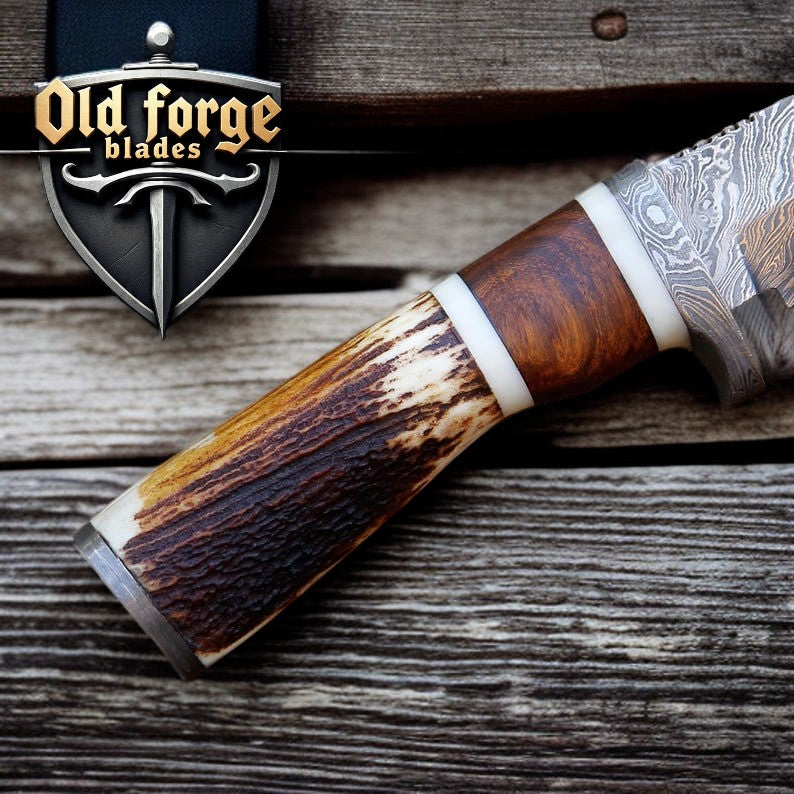 5-Inch Damascus Steel Blade Close-Up – Deer Hunting Knife