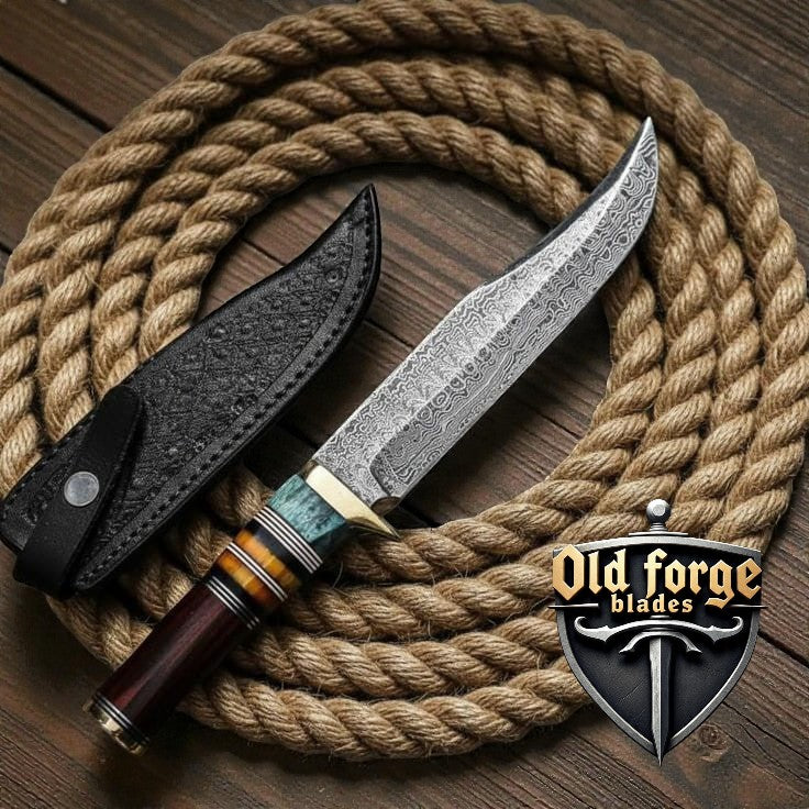 Hunting knife set showing blade, handle, and brass bolster