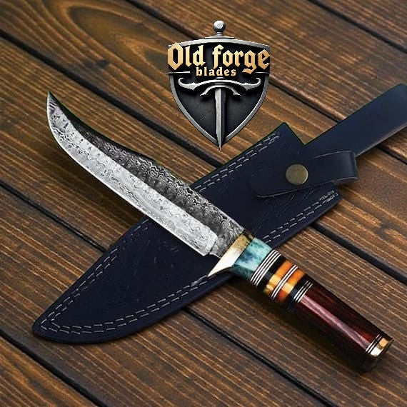 Close-up of Damascus steel blade and exotic wood handle