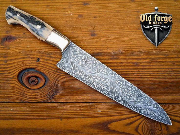 Handcrafted chefs knife damascus with 10 inch Damascus steel blade and sambar stag handle